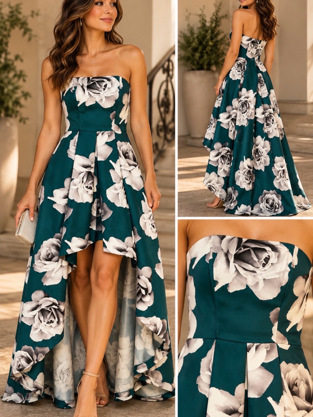 Strapless Floral Teal Floral High-Low Formal Evening Dress Gown